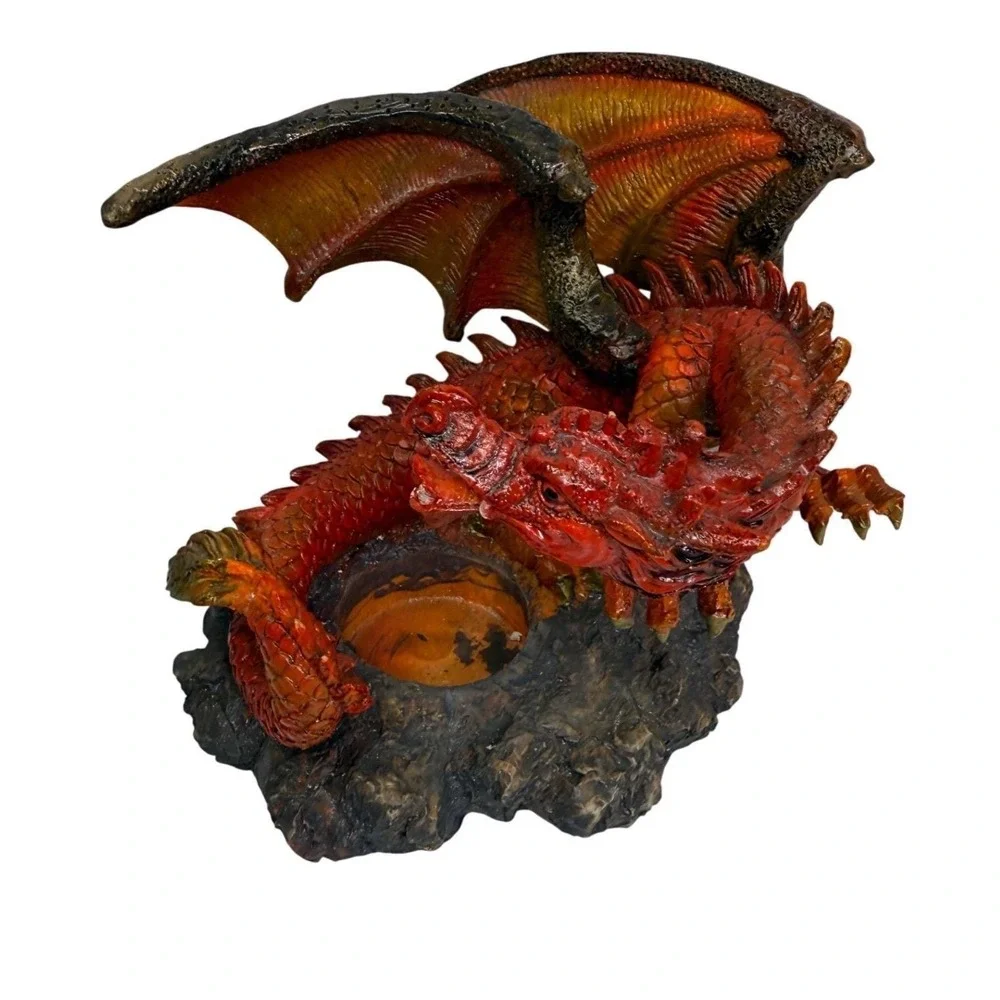 Red Dragon Tea Light Candle Holder Fantasy Figurine Statue Home Decor Red Gold